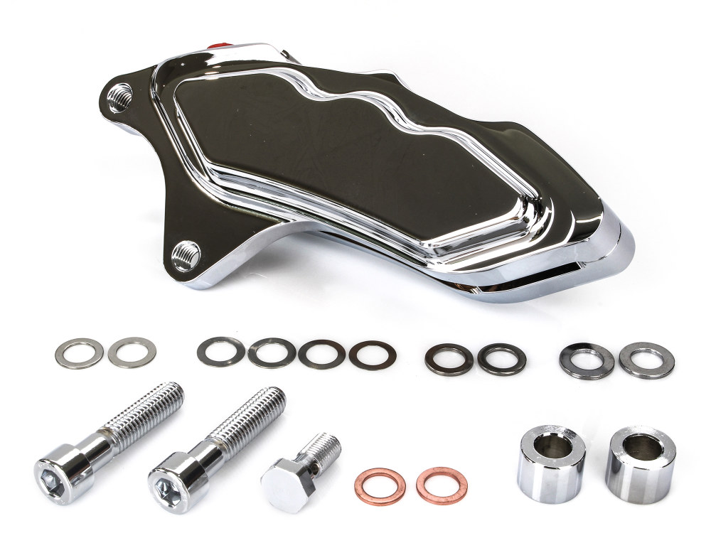 Hawg Halters Left Hand Front 6 Piston Caliper – Chrome. Fits Softail 2015up, V-Rod 2006-2017 & Touring 2008up & Sportster 2014-2021