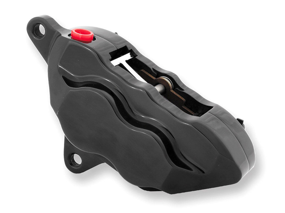 Hawg Halters Left Hand Front 4 Piston Caliper – Black. Fits Softail 2000-2014, Dyna 2000-2017, Touring 2000-2007 & Sportster 2000-2007 Models with 11.5in. Disc Rotor.