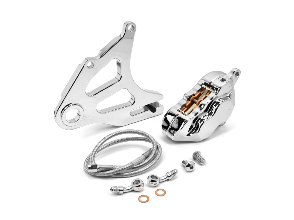 Hawg Halters Right Hand Rear 4 Piston Caliper & Mounting Bracket – Chrome. Fits Softail 2018up