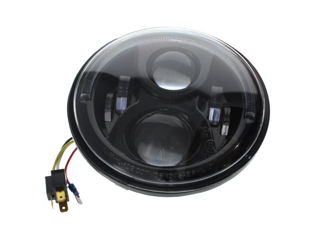 Hoglights 7in. 80w LED HeadLight Insert with Halo – Black. Fits Most H-D, Indian Chief Classic & Dark Horse Models with 7in. Headlight.