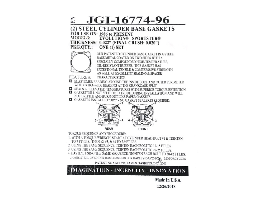 James Gaskets Inc 0.020in. Thick Cylinder Base Gaskets. Fits Sportster 1986-2021.