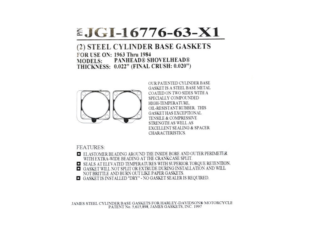 James Gaskets Inc 0.020in. Thick Cylinder Base Gaskets. Fits Big Twin 1963-1984.