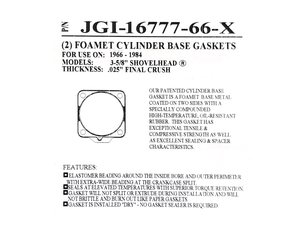 James Gaskets Inc 0.036in. Thick Cylinder Base Gaskets. Fits Big Twin 1966-1984 with Shovel Engine & 3-5/8in. Big Bore Cylinders.