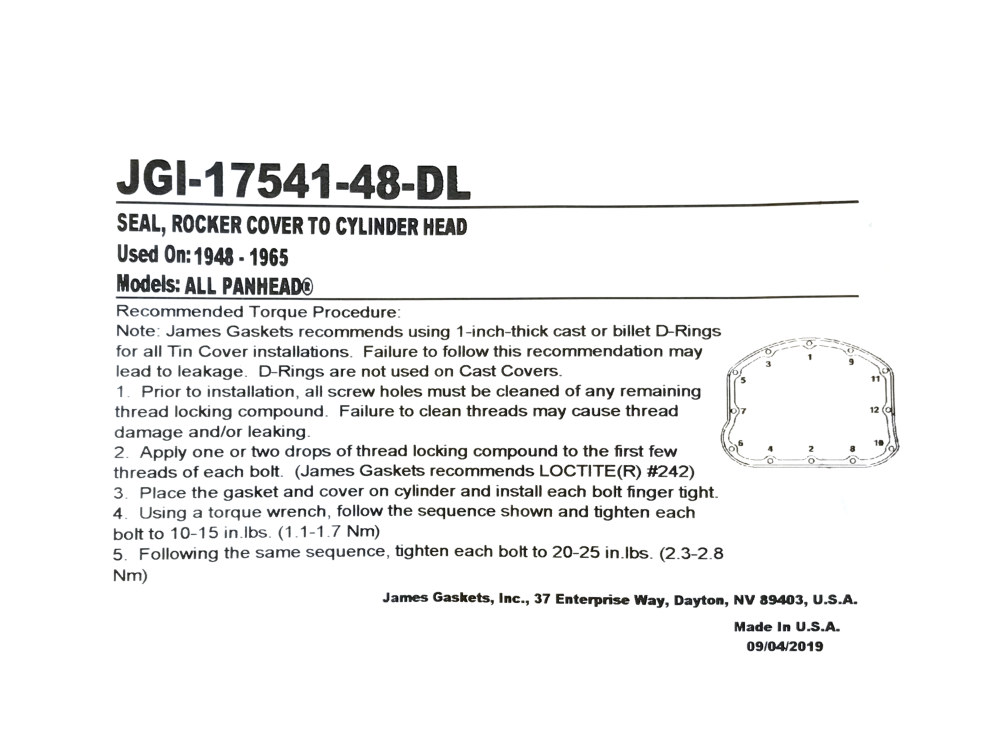 James Gaskets Inc Rocker Cover Gaskets. Fits Big Twin 1948-1965.