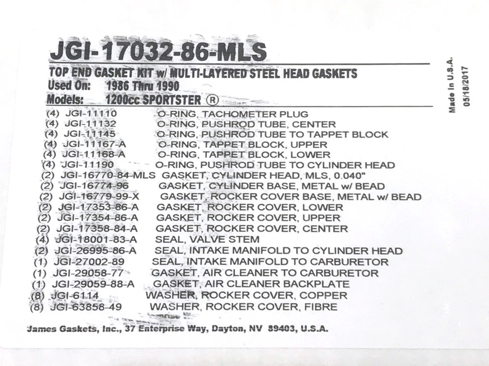 James Gaskets Inc MLS Top End Gasket Kit. Fits Sportster 1986-1990 with 1200cc Engine.