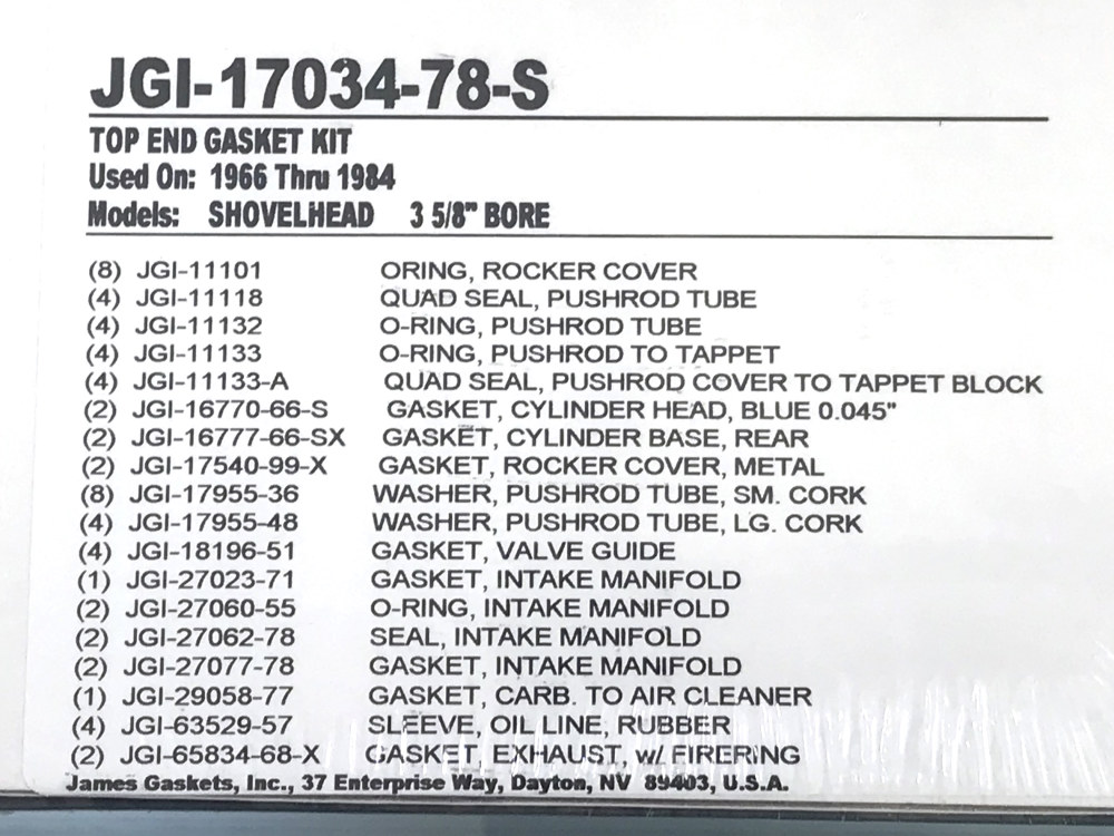 James Gaskets Inc Top End Gasket Kit. Fits Big Twin 1966-1984 with 3-5/8in. Bore Shovel Engine.