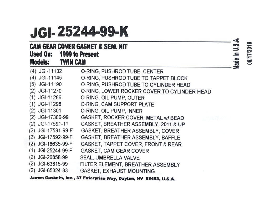 James Gaskets Inc Cam Change Gasket Kit. Twin Cam 1999-2017.