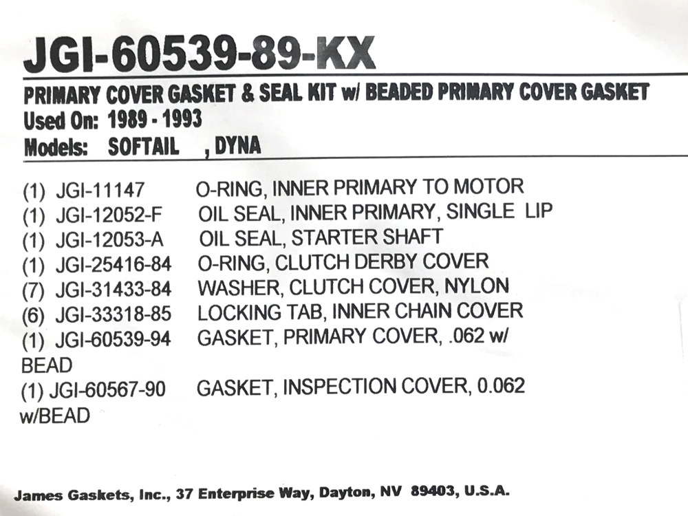 James Gaskets Inc Primary Cover Gasket Kit. Fits Softail & Dyna 1989-1993.