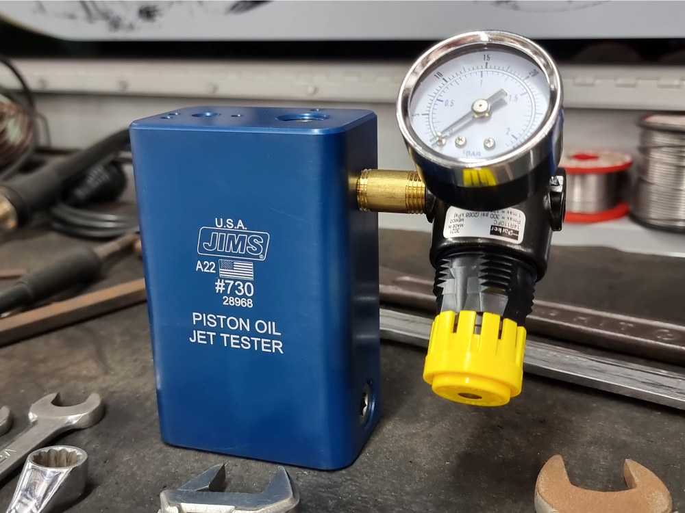 Jims Piston Jet Tester Tool. Use on Milwaukee-Eight and Twin Cam Engines