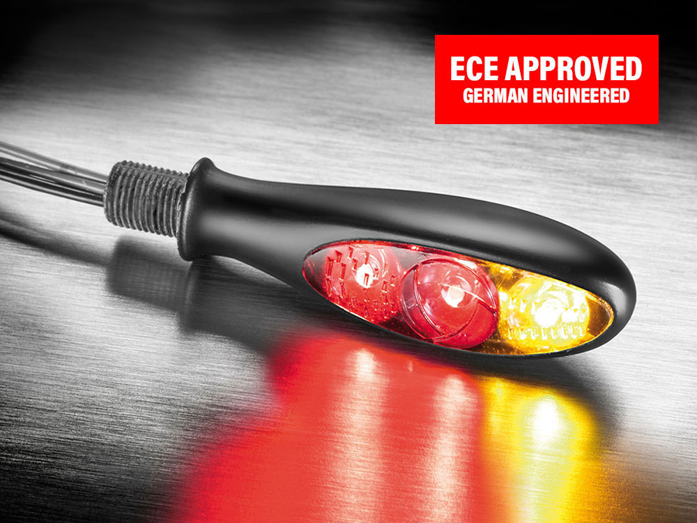 kellermann Micro S DF Dark LED Turn Signal – Amber Turn – Red Run/Brake – Black.
