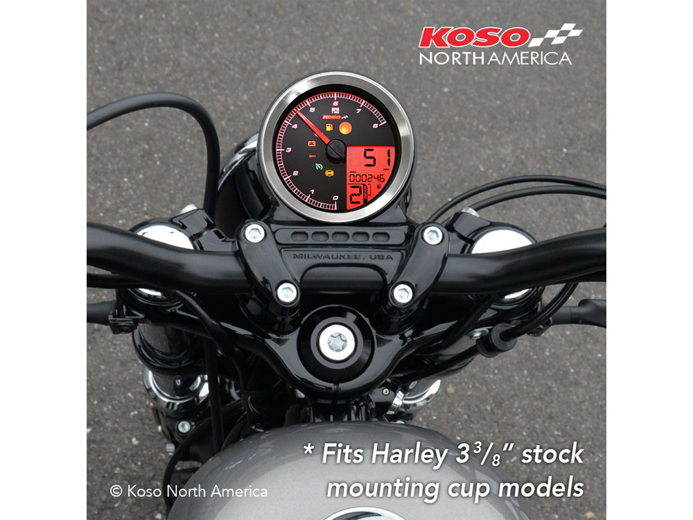 Koso 3-3/8in. Round Speedometer with Tachometer – Silver. Fits Dyna 2004-2011, Sportster 2004-2013 & Rocker 2008-2010.
