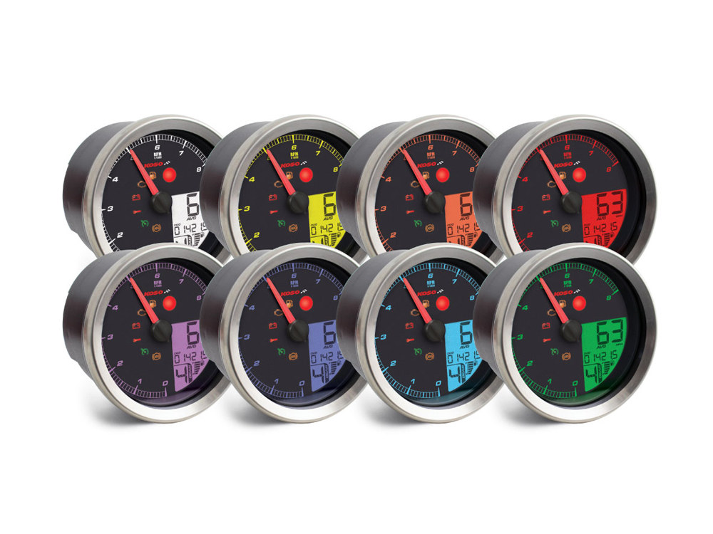 Koso 3-3/8in. Round Speedometer with Tachometer – Silver. Fits Dyna 2004-2011, Sportster 2004-2013 & Rocker 2008-2010.