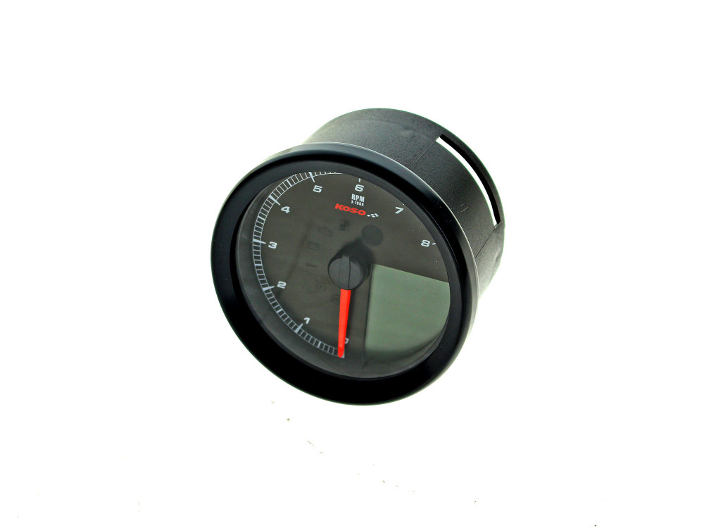 Koso 3-3/8in. Round Speedometer with Tachometer – Black. Fits Dyna 2004-2011, Sportster 2004-2013 & Rocker 2008-2010.