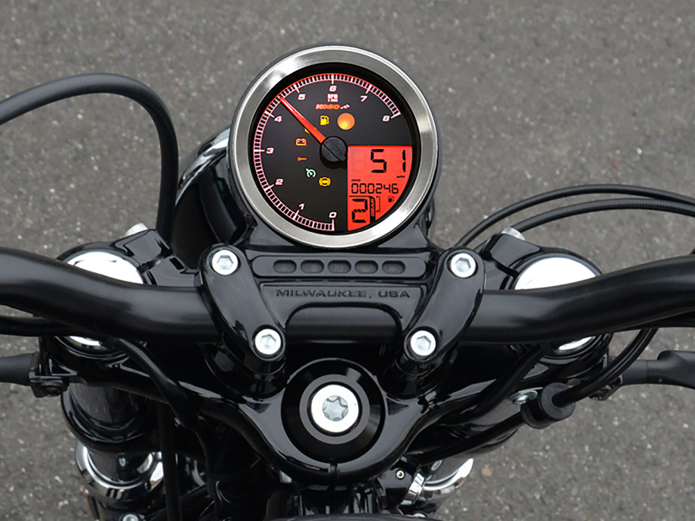Koso 3-3/8in. Round Speedometer with Tachometer – Silver. Fits Softail Fat Bob 2018up, Sportster 2014-2021, Dyna Street Bob, Low Rider & Wide Glide 2012-2017 & Softail Breakout, Rocker & Black Line 2011-2017.