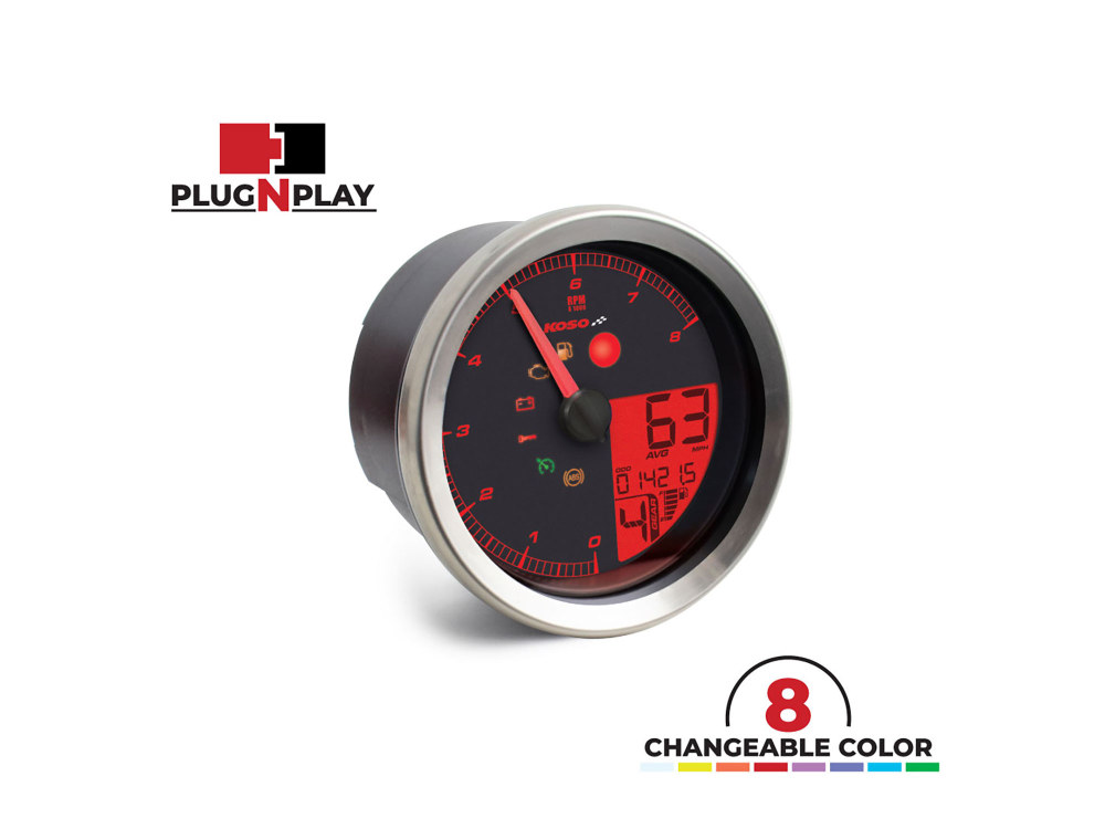 Koso 3-3/8in. Round Speedometer with Tachometer – Silver. Fits Softail Fat Bob 2018up, Sportster 2014-2021, Dyna Street Bob, Low Rider & Wide Glide 2012-2017 & Softail Breakout, Rocker & Black Line 2011-2017.