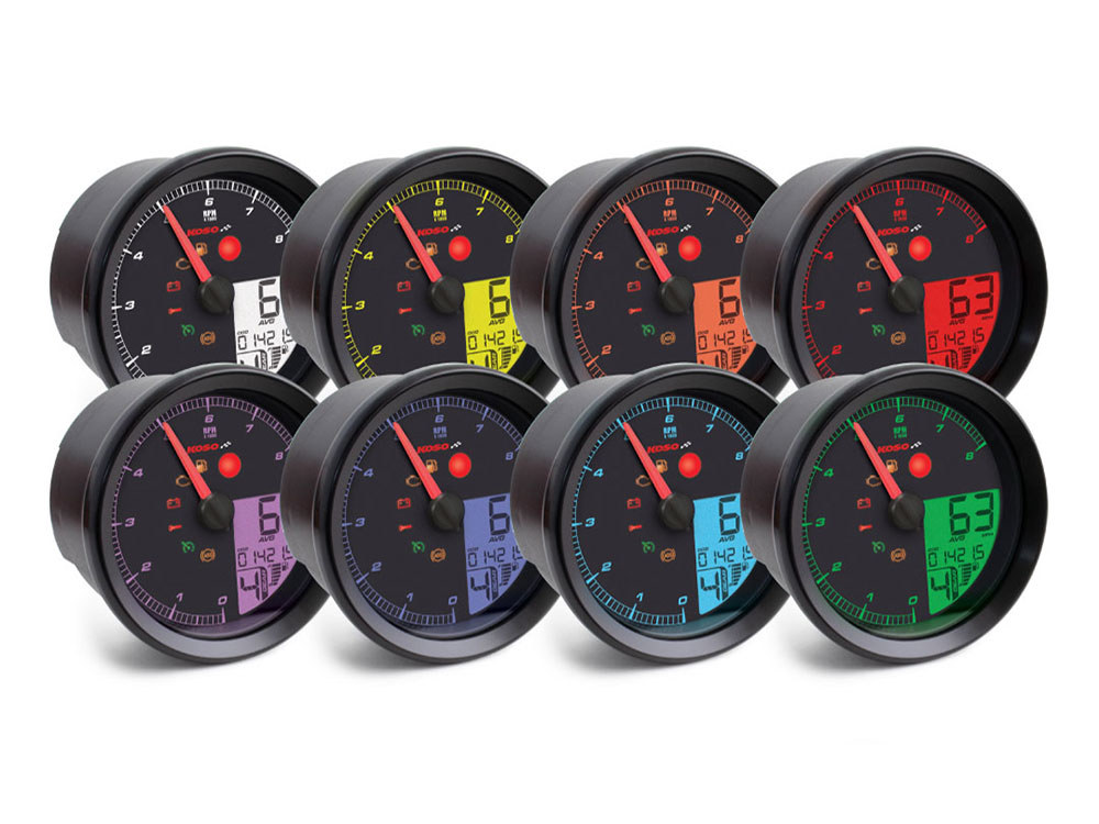 Koso 3-3/8in. Round Speedometer with Tachometer – Black. Fits Softail Fat Bob 2018up, Sportster 2014-2021, Dyna Street Bob, Low Rider & Wide Glide 2012-2017 & Softail Breakout, Rocker & Black Line 2011-2017.