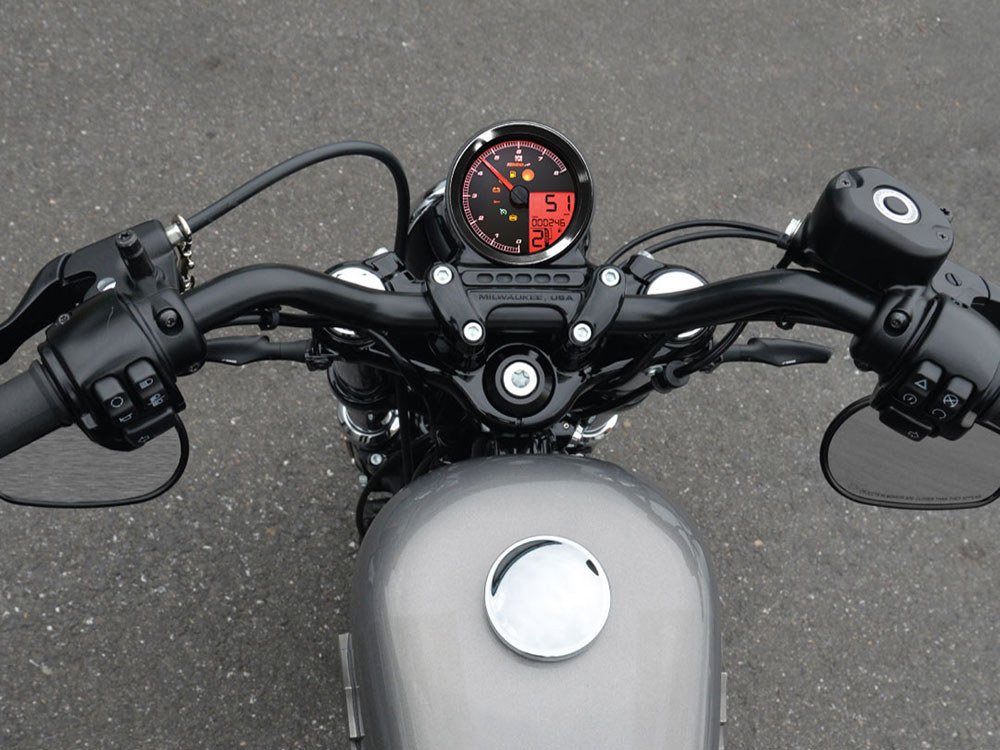 Koso 3-3/8in. Round Speedometer with Tachometer – Black. Fits Softail Fat Bob 2018up, Sportster 2014-2021, Dyna Street Bob, Low Rider & Wide Glide 2012-2017 & Softail Breakout, Rocker & Black Line 2011-2017.