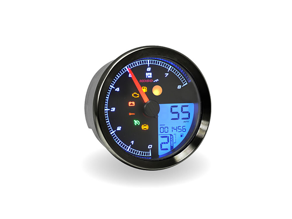 Koso 3-3/8in. Round Speedometer with Tachometer – Black. Fits Softail Fat Bob 2018up, Sportster 2014-2021, Dyna Street Bob, Low Rider & Wide Glide 2012-2017 & Softail Breakout, Rocker & Black Line 2011-2017.