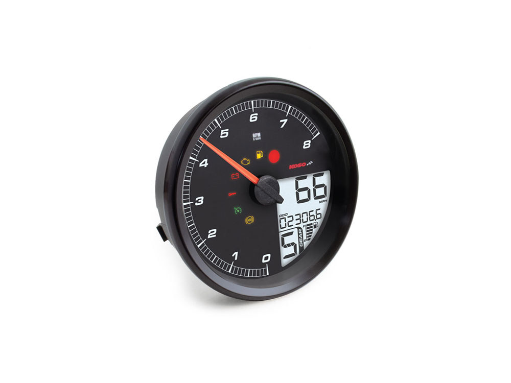 Koso 4-1/2in. Tank Mount Speedometer with Tachometer – Black. Fits Softail 2004-2010, Dyna Fat Bob 2008-2011 & Wide Glide 2006-2008 & Road King 2004-2013.