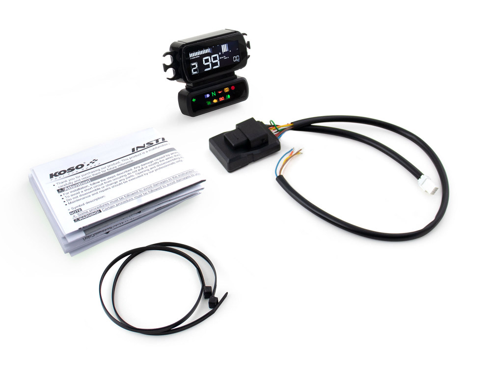 Koso Speedometer/Tachometer – Black. Fits Softail 2004-2010, Dyna 2004-2011, Sportster 2004-2013 & Road King 2004-2013 when Running Late Model Breakout/Street Bob Gauge Housing