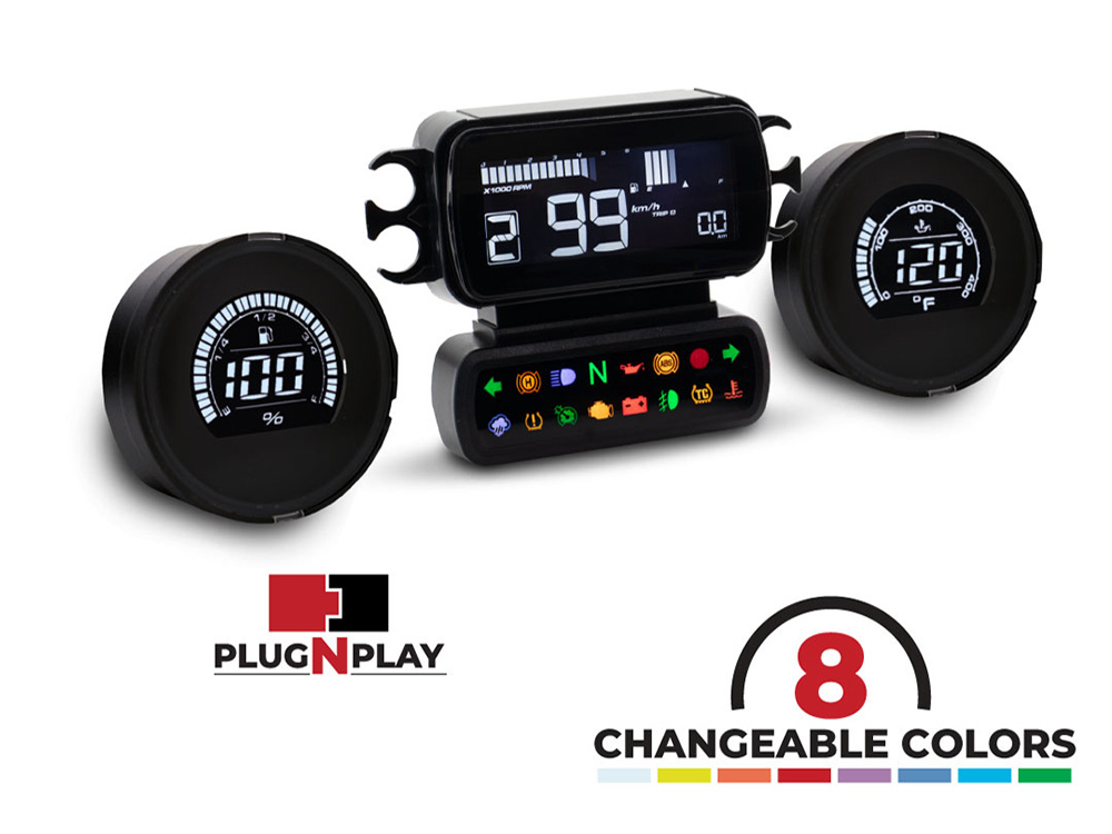 Koso Speedometer/Tachometer with Fuel Level & Engine Temperature Gauges – Black. Fits Touring 2014-2023 when Running Late Model Breakout/Street Bob Gauge Housing