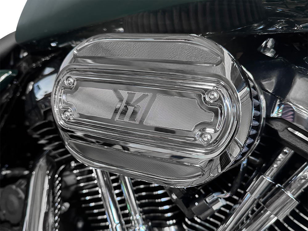 Kodlin Oval Air Cleaner Kit – Chrome. Fits CVO Touring 2023up, Street Glide & Road Glide 2024up, Touring 2025up & Softail 2025up