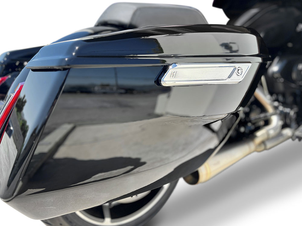 Kodlin New Style Saddlebag Latch Covers – Chrome. Fits CVO Touring 2023up & Street Glide & Road Glide 2024up.