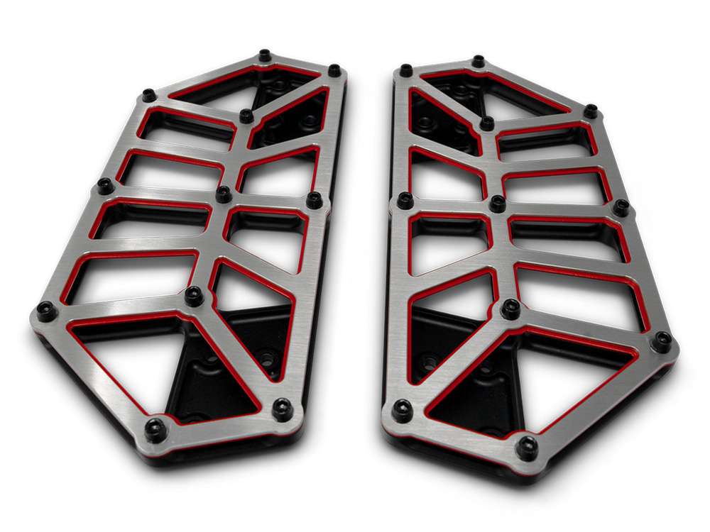 Kodlin NXL Redline FloorBoards – Black, Red & Stainless. Fits Touring 1980up, FL Softail 1986-2017 & Dyna Switchback 2012-2016