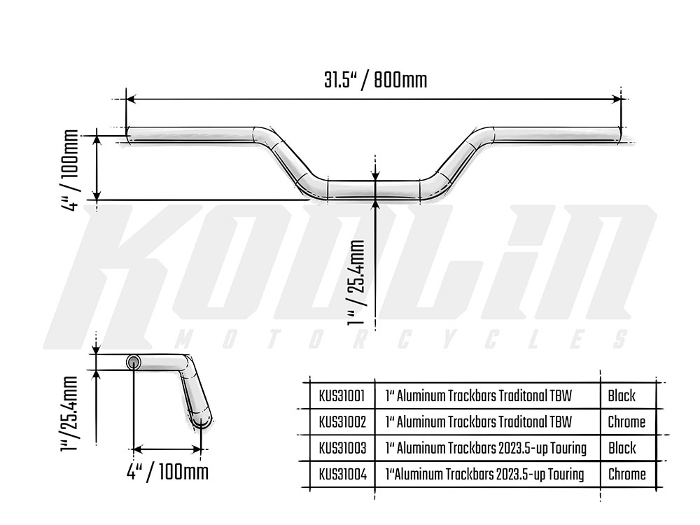 Kodlin Aluminum Track Bars 1in.- Chrome. Fits CVO Touring 2023up, Street Glide & Road Glide 2024up, Touring 2025up & Softail 2025up