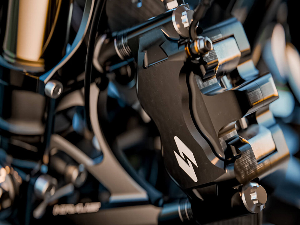 Kraus Moto Left Hand Front RT3 Series Radial 4 Piston Caliper – Black. Can be used as Right Hand Rear Caliper