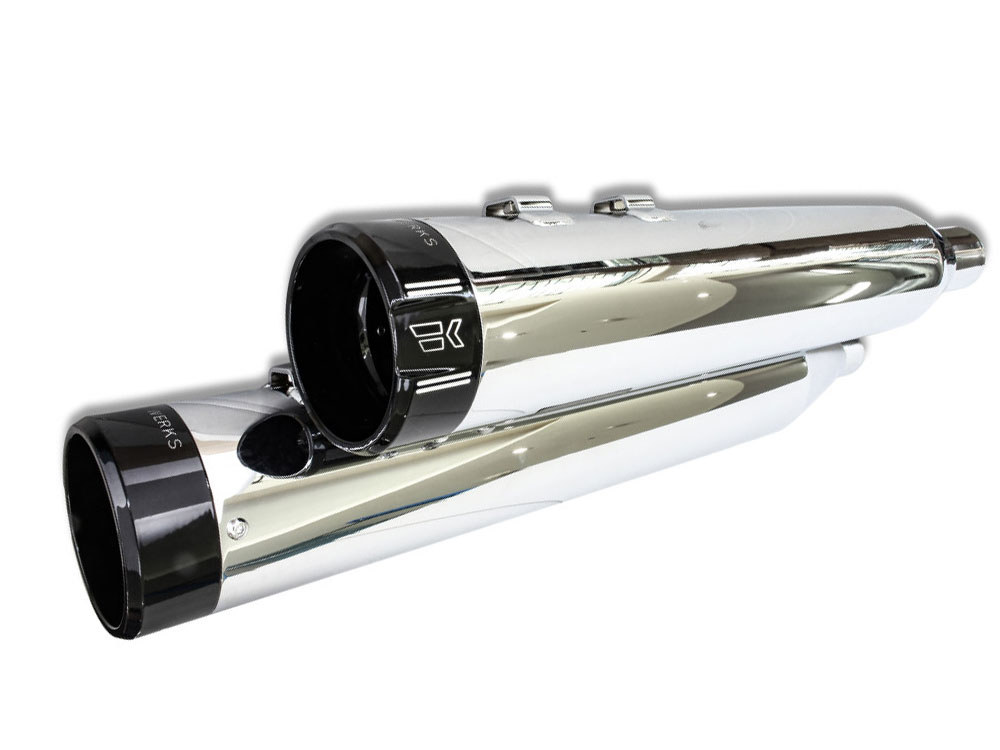 Khrome Werks 4-1/2in. Klassic Slip-On Mufflers – Chrome with Black End Caps. Fits Touring 2017up.