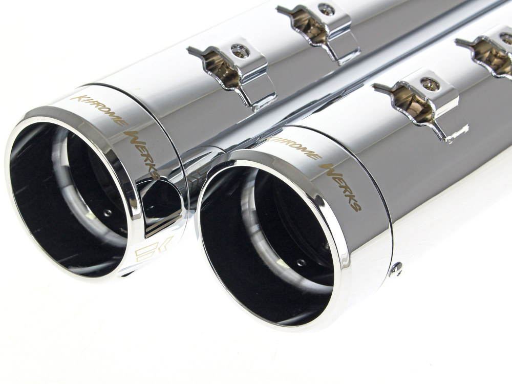 Khrome Werks 4-1/2in. Klassic Slip-On Mufflers – Chrome with Chrome End Caps. Fits Touring 2017up.