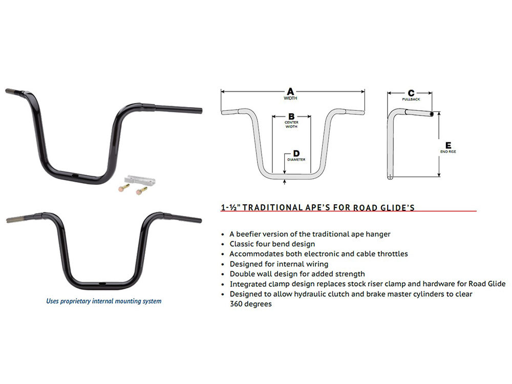 LA Choppers 16in. x 1-1/2in. Grande Traditional Ape Handlebar – Gloss Black. Fits Road Glide 2015-2023