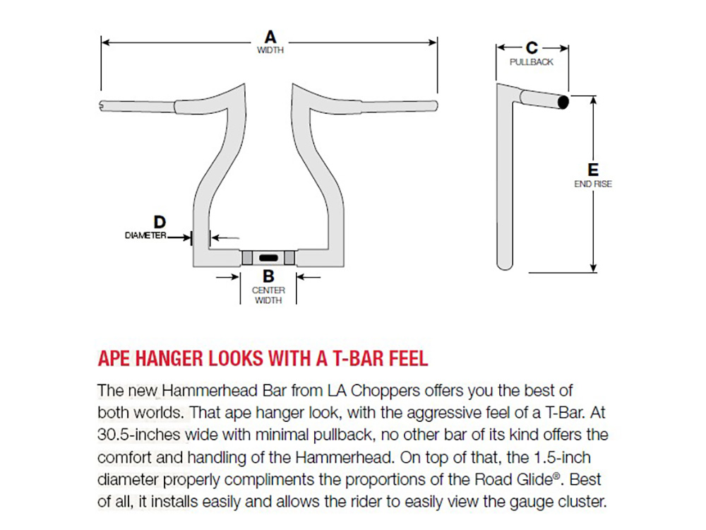 LA Choppers 14in. x 1-1/2in. Hammerhead Handlebar – Chrome. Fits Road Glide 2015-2023 & Road King Special 2017up