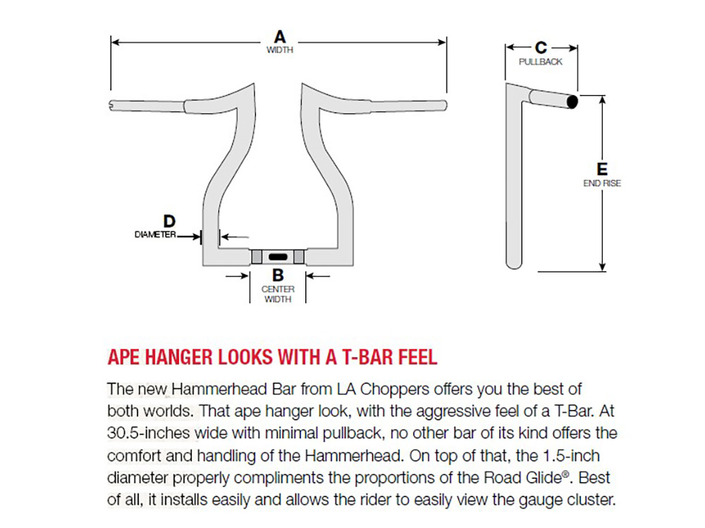 LA Choppers 16in. x 1-1/2in. Hammerhead Handlebar – Gloss Black. Fits Road Glide 2015-2023 & Road King Special 2017up