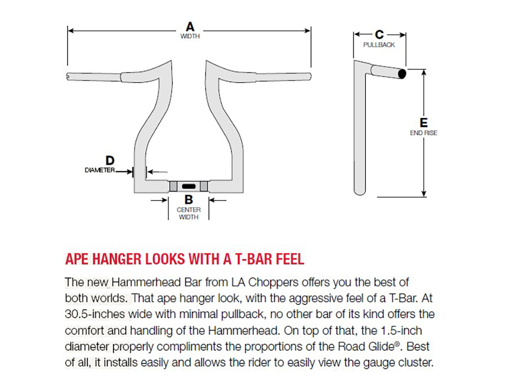 LA Choppers 12in. x 1-1/2in. Hammerhead Handlebar – Chrome. Fits Road Glide 2015-2023 & Road King Special 2017up