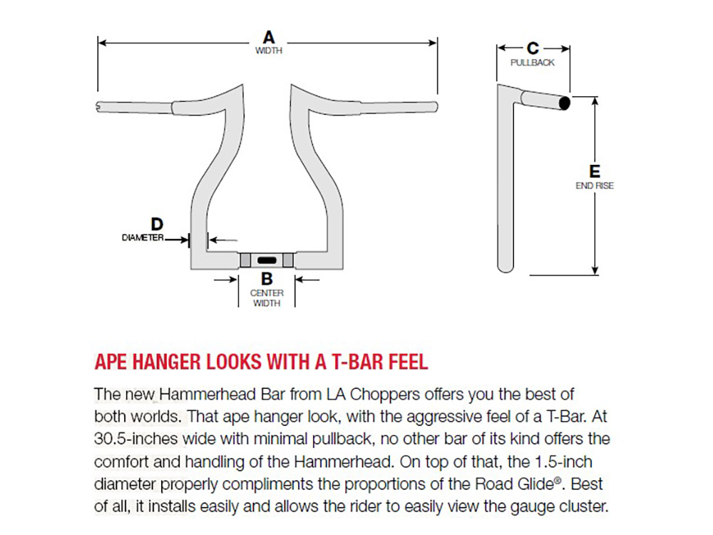 LA Choppers 12in. x 1-1/2in. Hammerhead Handlebar – Gloss Black. Fits Road Glide 2015-2023 & Road King Special 2017up