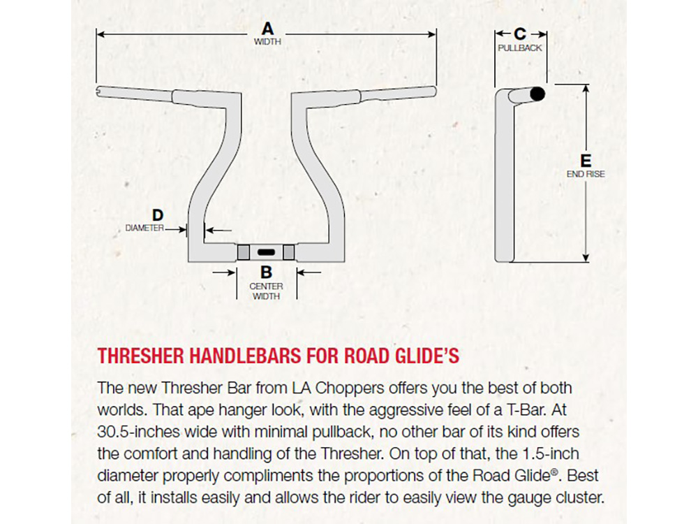 LA Choppers 16in. x 1-1/2in. Thresher Handlebar – Chrome. Fits Road Glide 2015-2023 & Road King Special 2017up