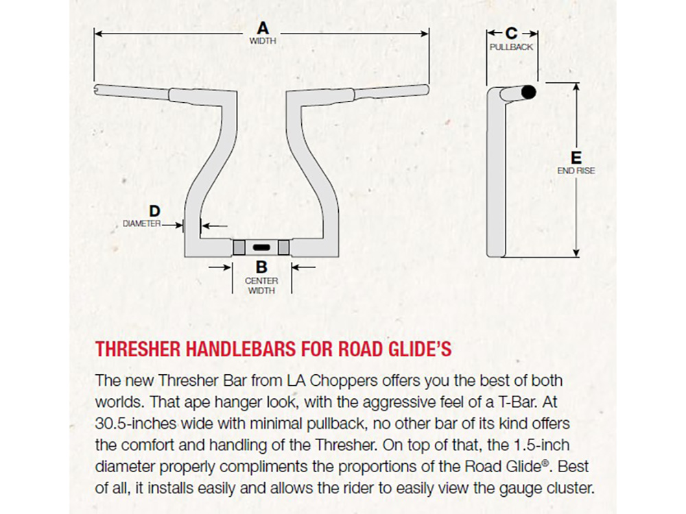 LA Choppers 12in. x 1-1/2in. Thresher Handlebar – Gloss Black. Fits Road Glide 2015-2023 & Road King Special 2017up