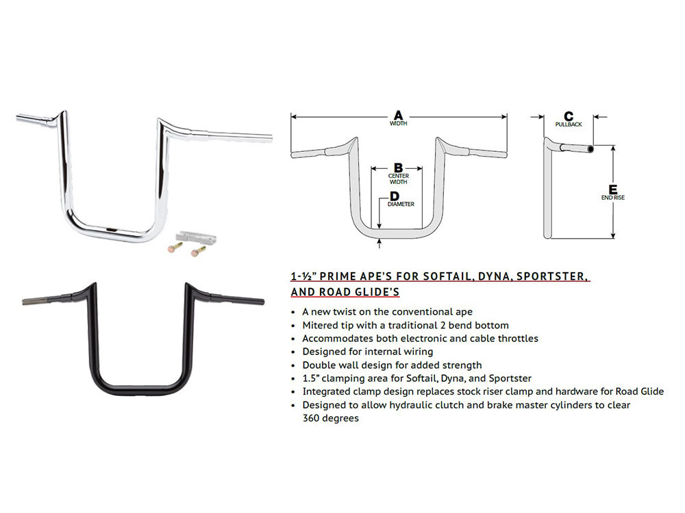 LA Choppers 16in. x 1-1/2in. Grande Prime Ape Handlebar – Gloss Black.