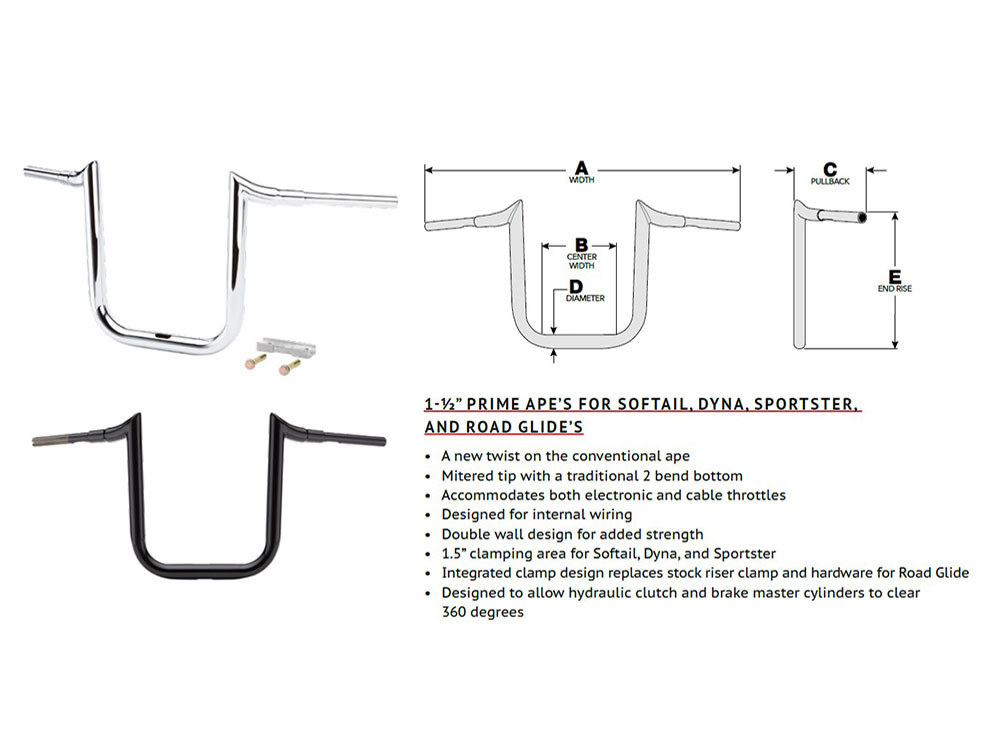 LA Choppers 12in. x 1-1/2in. Grande Prime Ape Handlebar – Chrome.