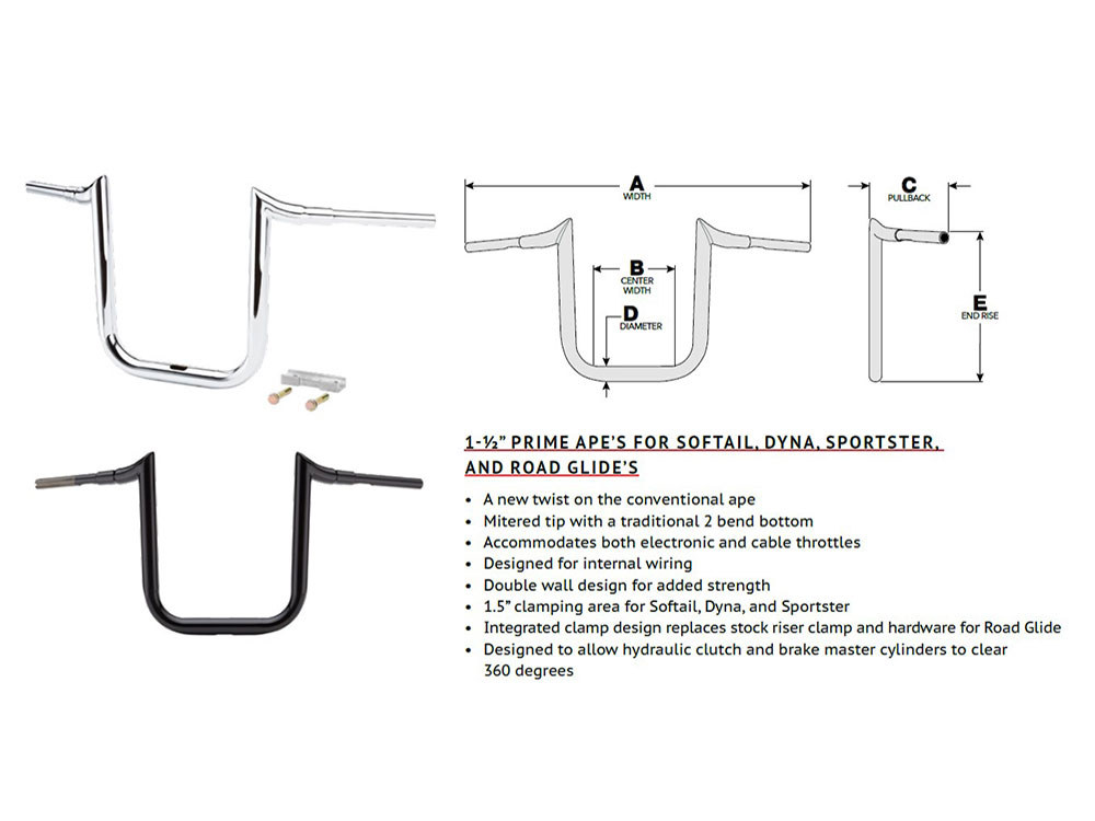 LA Choppers 16in. x 1-1/2in. Grande Prime Ape Handlebar – Gloss Black. Fits Road Glide 2015-2023 & Road King Special 2017up