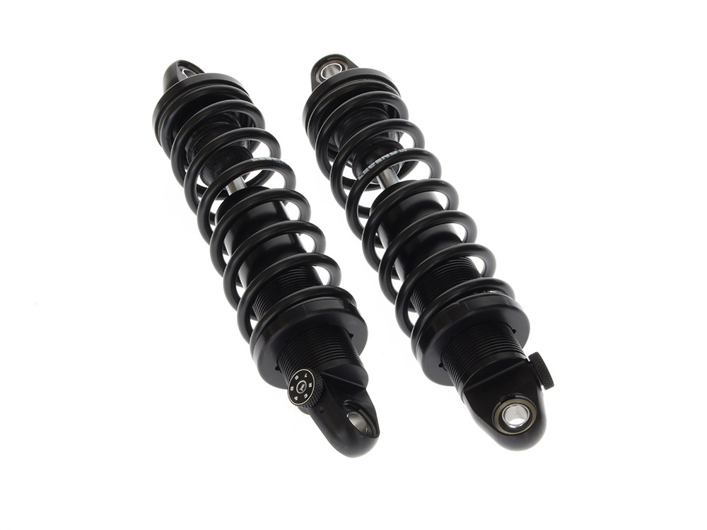 LEGEND SUSPENSION REVO-A Series, 12in. Adjustable Heavy Duty Spring Rate Rear Shock Absorbers – Black. Fits Touring 1999up.