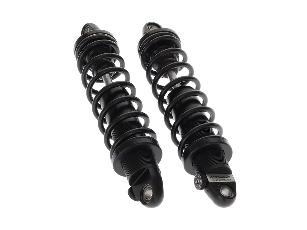 LEGEND SUSPENSION REVO-A Series, 13in. Adjustable Heavy Duty Spring Rate Rear Shock Absorbers – Black. Fits Touring 1999up.