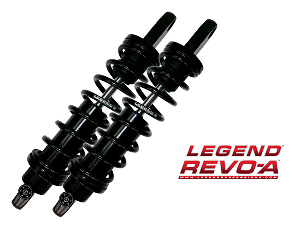 LEGEND SUSPENSION REVO-A Series, 14in. Adjustable Rear Shock Absorbers – Black. Fits Dyna 1991-2017.