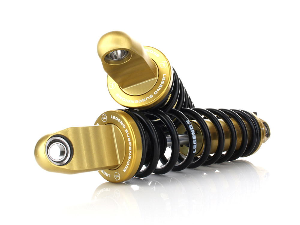 LEGEND SUSPENSION REVO-A Series, 12in. Adjustable Rear Shock Absorbers – Gold. Fits Dyna 1991-2017.