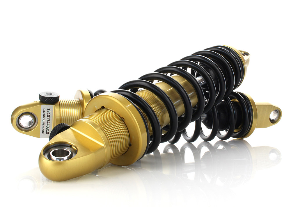 LEGEND SUSPENSION REVO-A Series, 13in. Adjustable Rear Shock Absorbers – Gold. Fits Dyna 1991-2017.