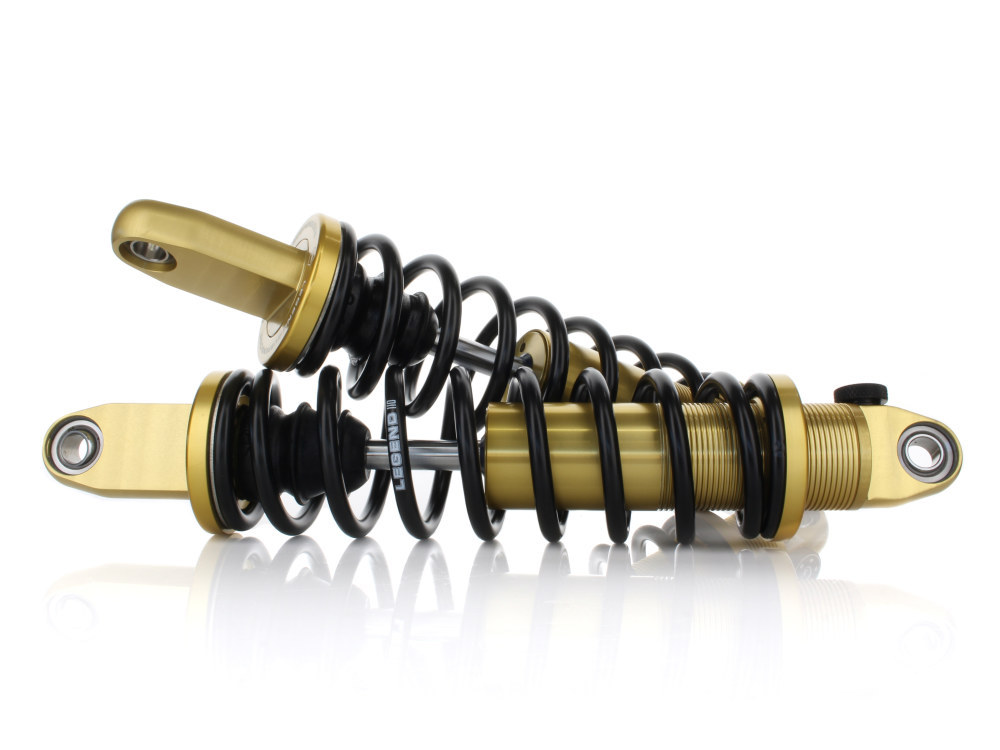 LEGEND SUSPENSION REVO-A Series, 14in. Adjustable Heavy Duty Spring Rate Rear Shock Absorbers –  Gold. Fits Dyna 1991-2017.