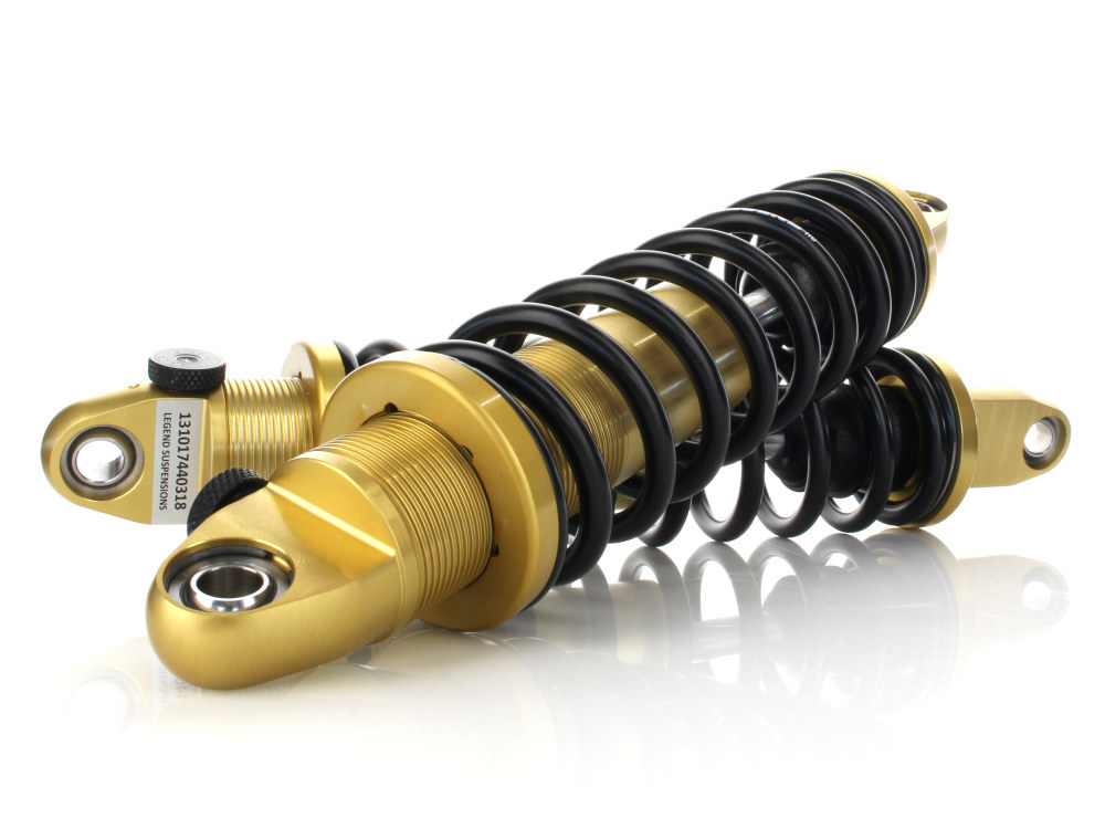 LEGEND SUSPENSION REVO-A Series, 14in. Adjustable Heavy Duty Spring Rate Rear Shock Absorbers –  Gold. Fits Dyna 1991-2017.