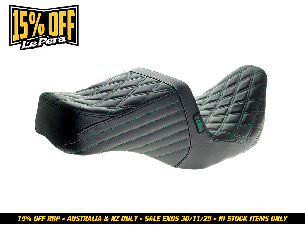 LEPERA SEATS TailWhip Dual Seat with Green Double Diamond Stitch. Fits Most Touring 2008-2024